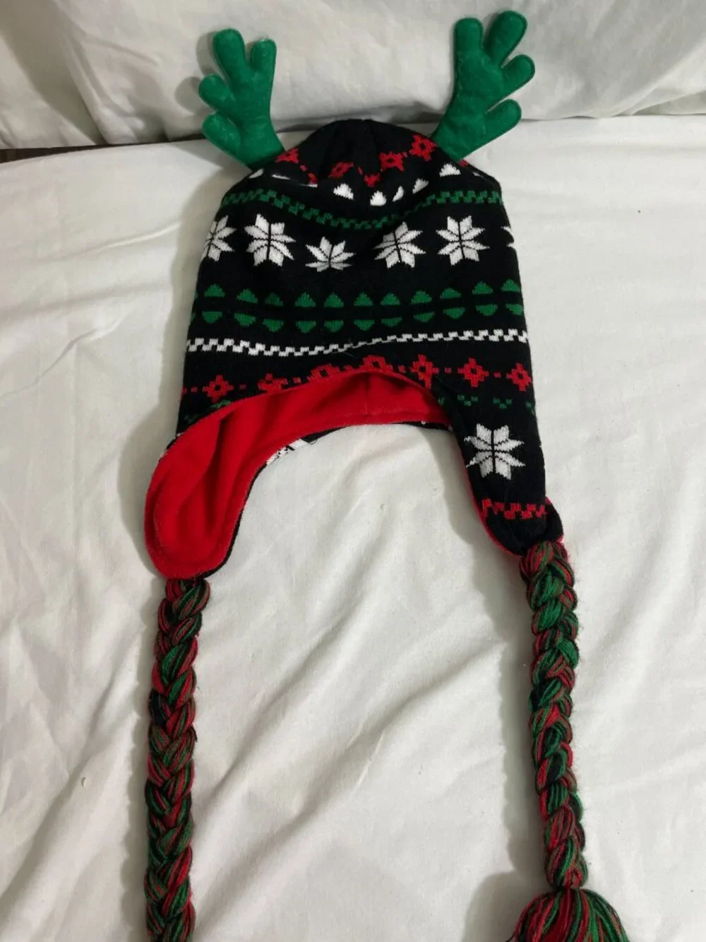 Christmas Reindeer Antler Ear Flap Knit Hat Braided Tassels Fleece Lined OSFM